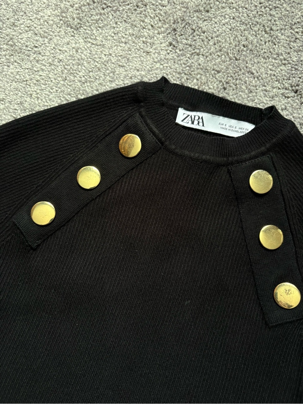 Zara Black Ribbed Crewneck Top with Gold Buttons